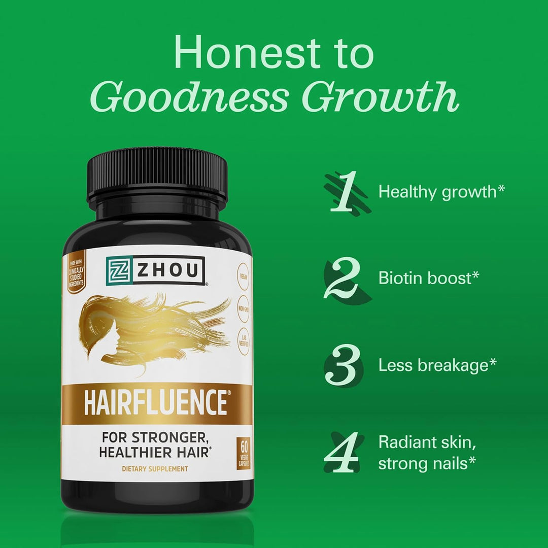 Zhou Hairfluence Hair Growth Vitamins 60 Veg Capsules | Hair Skin & Nails Supplement