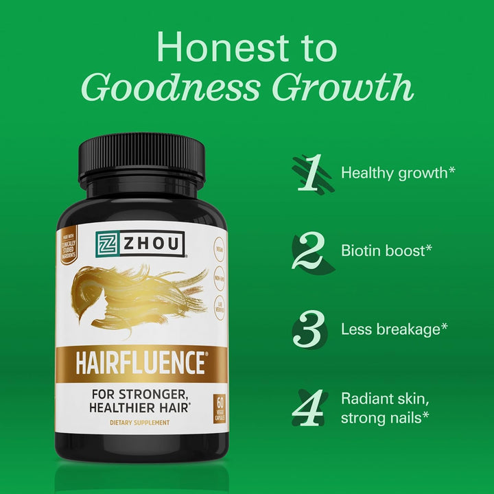 Zhou Hairfluence Hair Growth Vitamins 60 Veg Capsules | Hair Skin & Nails Supplement