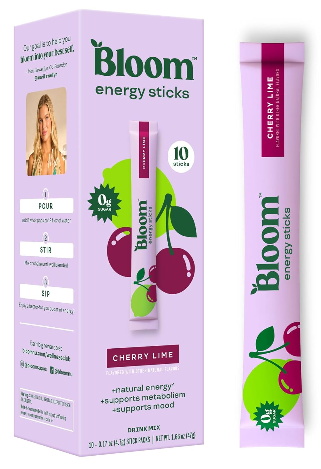 Bloom energy sticks packaging with cherry lime flavor on a white background