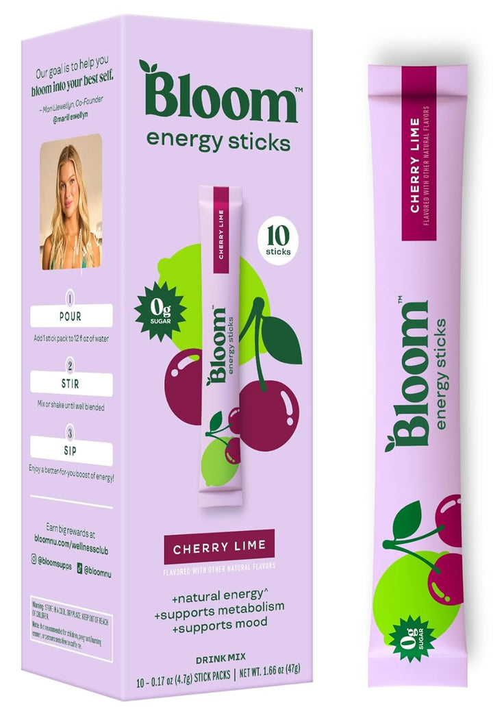 Bloom energy sticks packaging with cherry lime flavor on a white background