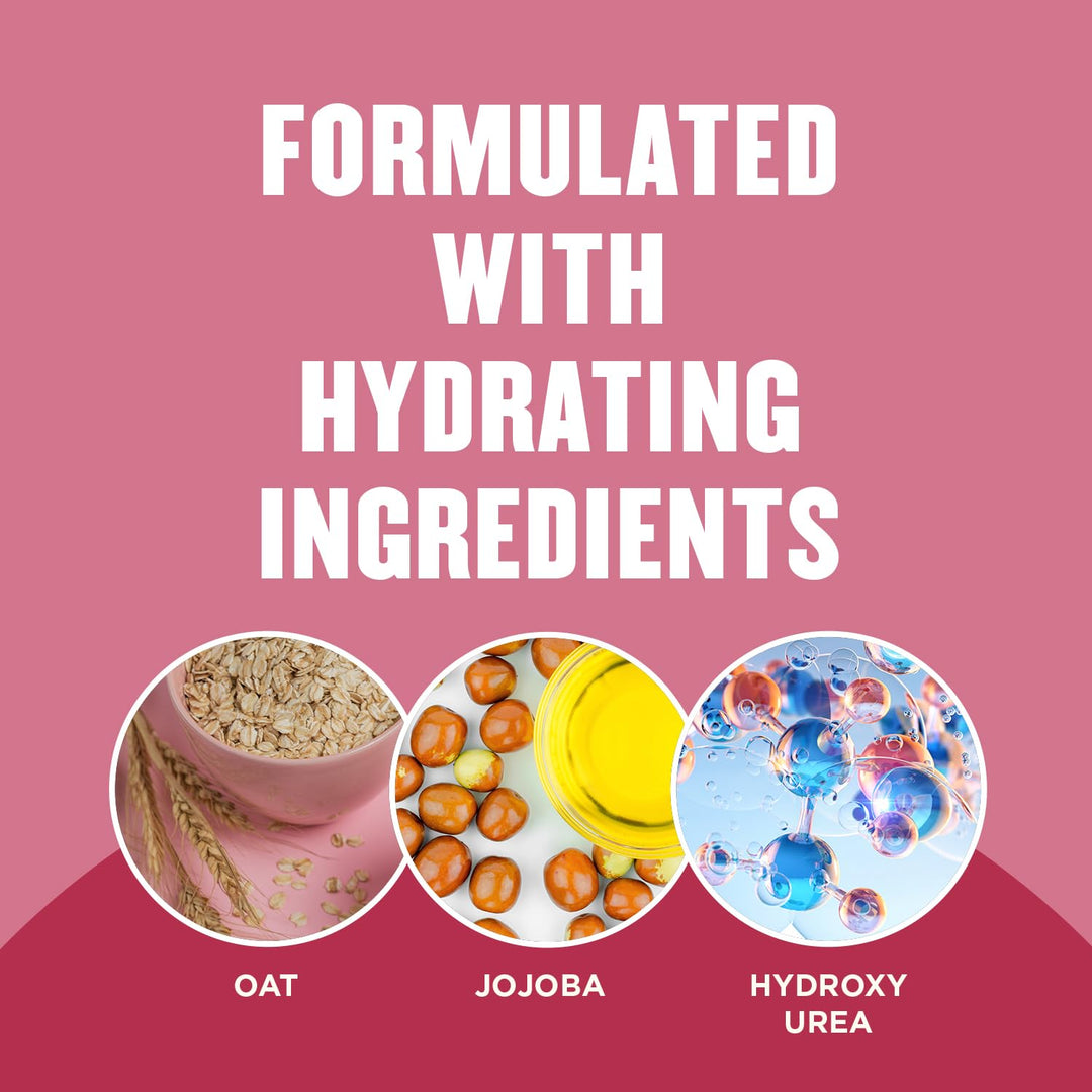Product packaging with text 'Formulated with Hydrating Ingredients' and images of oat, jojoba, and hydroxy urea on a pink background.