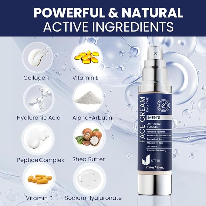 UTTSE 6-in-1 Men’s Moisturizer 50ml – Daily Face Cream with Caffeine & Vitamin B3 – For Dull, Puffy or Tired Skin