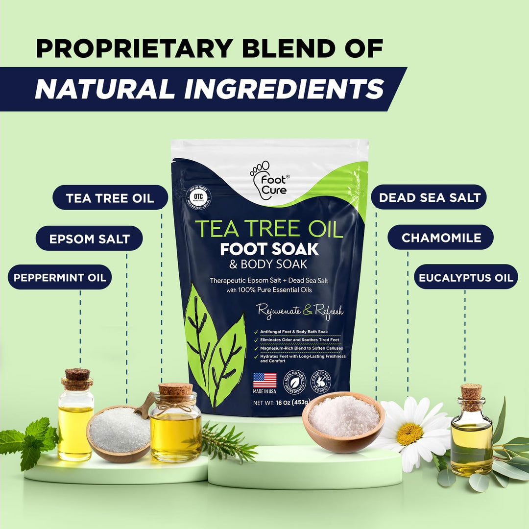 A retail display for Foot Cure Tea Tree Oil & Body Soak. The main product is a dark navy blue and white pouch with green accents, surrounded by its key ingredients (tea tree oil, epsom salt, peppermint oil, dead sea salt, chamomile, eucalyptus oil) arranged on pedestals against a light green background with text overlays.