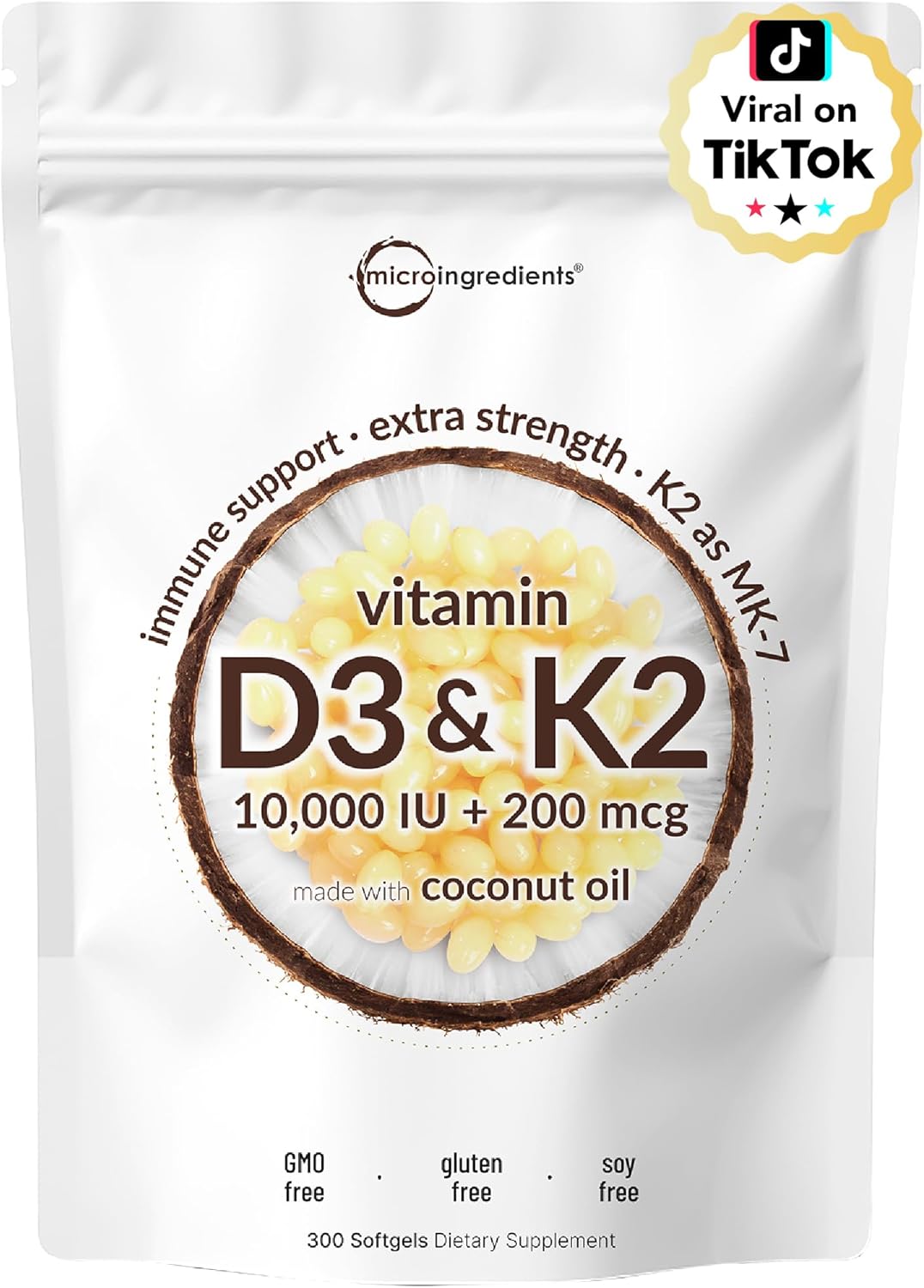 Micro Ingredients Vitamin D3 + K2 Softgels | Made with Virgin Coconut Oil | Non-GMO
