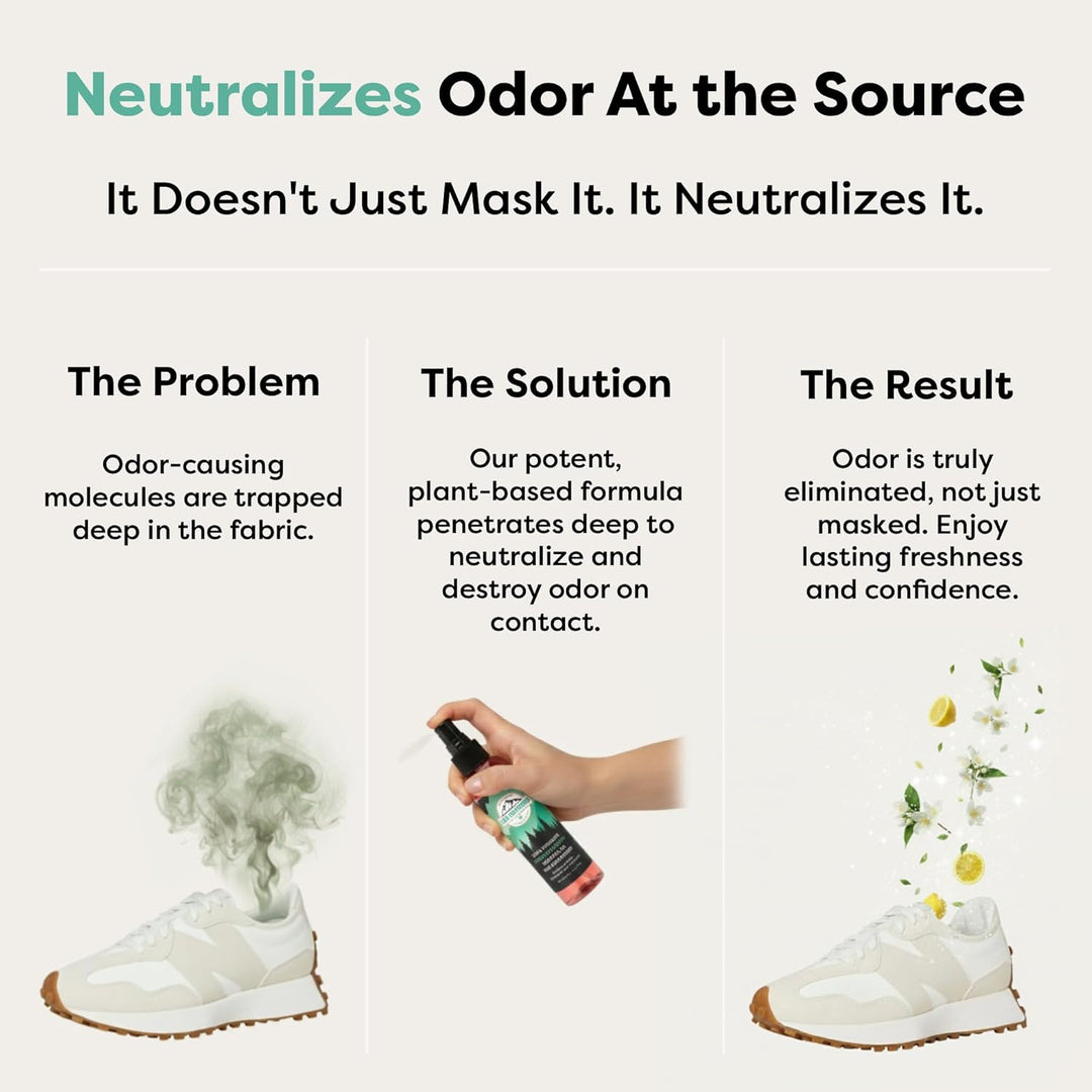 Advertisement for a product that neutralizes odor, showing a hand spraying a bottle onto white shoes with smoke and flowers indicating before and after effects.