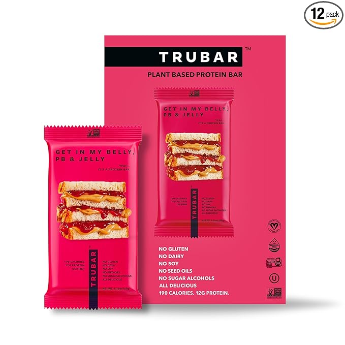 TRUBAR Vegan Protein Bar – Plant-Based, Gluten-Free, High Fiber Snack – 12g Protein, 13g Fiber – No Sugar Alcohols – 12 Count