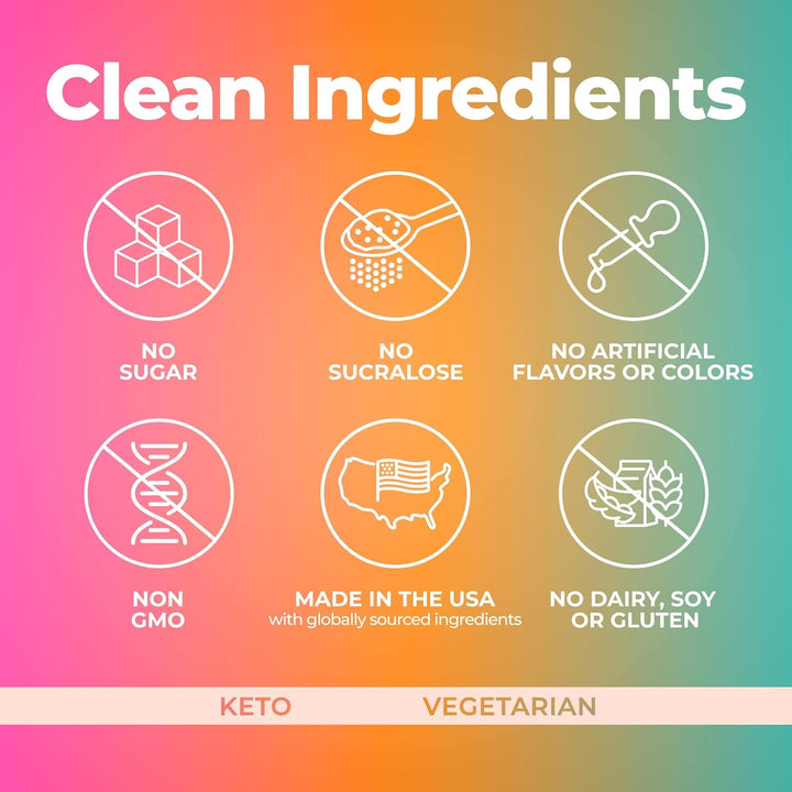 A promotional graphic with a pink-to-orange-to-teal gradient background and the large text 'Clean Ingredients' at the top. Below are six white line icons with labels: No Sugar, No Sucralose, No Artificial Flavors or Colors, Non GMO, Made in the USA with globally sourced ingredients, and No Dairy, Soy or Gluten.