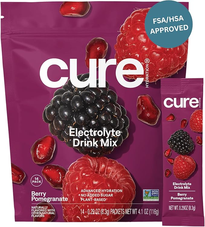 Cure Hydration Electrolyte Drink Mix – Plant-Based, No Added Sugar – Coconut Water Powder – 14 Packets