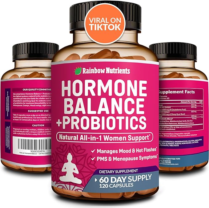 Hormone Balance + Probiotics for Women – Plant-Based Dietary Supplement with Organic Maca, Chasteberry, Dong Quai & Black Cohosh, Non-GMO, 120 V Capsules