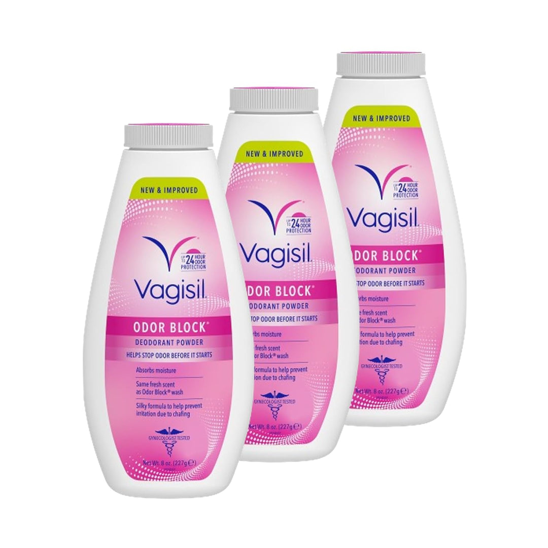Three bottles of Vagisil Odor Block Odor Antidote powder arranged in a fan shape on a white background.