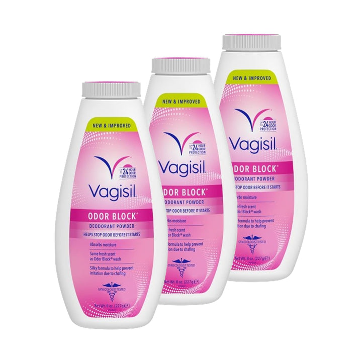 Three bottles of Vagisil Odor Block Odor Antidote powder arranged in a fan shape on a white background.