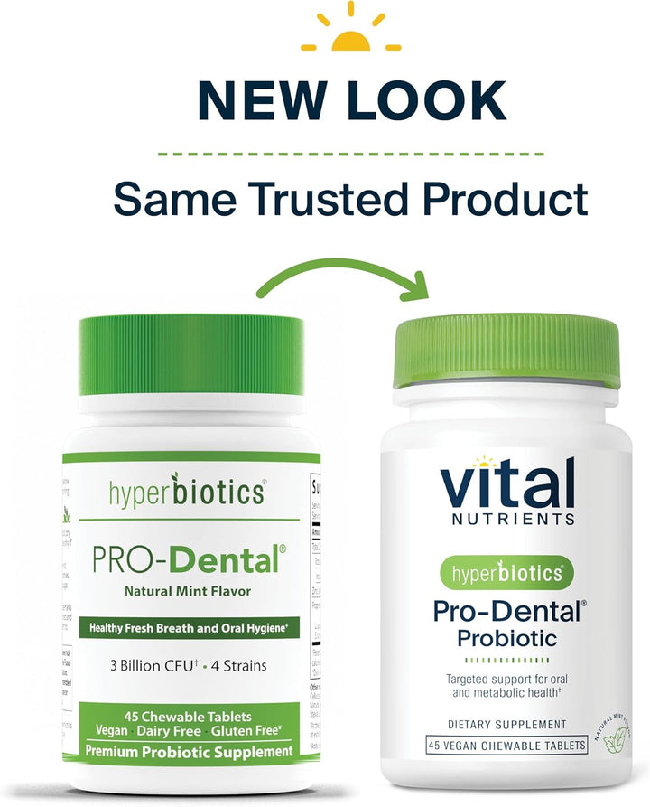 Two versions of Pro-Dental Probiotic bottles by hyperbiotics on a white background with text indicating 'New Look, Same Trusted Product'.