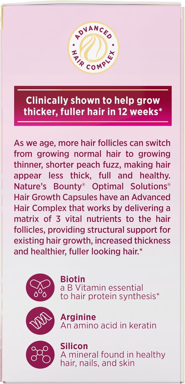Nature’s Bounty Optimal Solutions Hair Growth Supplement with Biotin, Arginine & Silicon – 30 Capsules, 1-Month Supply, Thicker Fuller Hair for Women