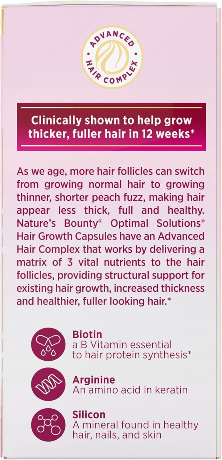 Nature’s Bounty Optimal Solutions Hair Growth Supplement with Biotin, Arginine & Silicon – 30 Capsules, 1-Month Supply, Thicker Fuller Hair for Women