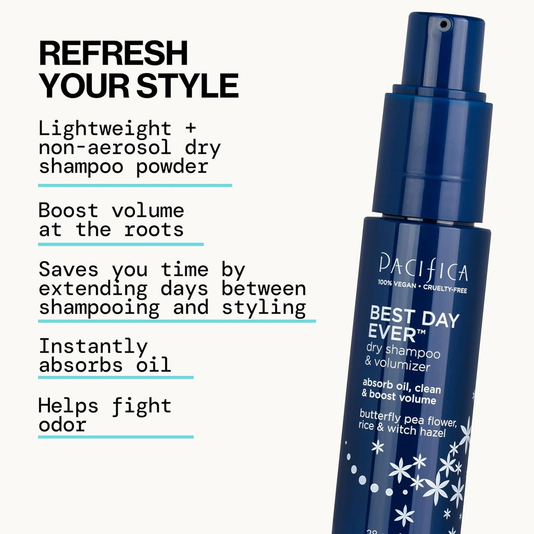 Pacifica Best Day Ever Dry Shampoo Powder – Waterless Hair Refresh & Oil Absorber – Adds Volume & Texture – Non-Aerosol, Vegan, Cruelty-Free – 1.4 oz