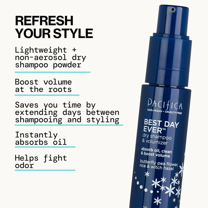 Pacifica Best Day Ever Dry Shampoo Powder – Waterless Hair Refresh & Oil Absorber – Adds Volume & Texture – Non-Aerosol, Vegan, Cruelty-Free – 1.4 oz