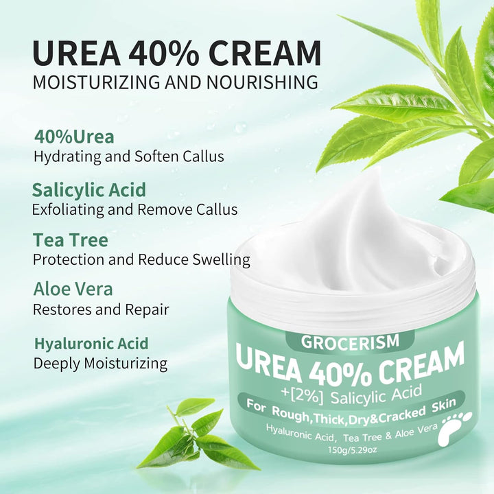 Urea 40% cream jar with green leaves on a light blue background