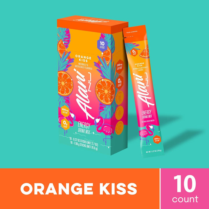 Alpina Orange Kiss energy drink mix packaging on a teal background
