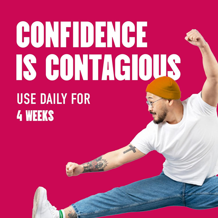 Person flexing muscles with 'Confidence is Contagious' text on a pink background