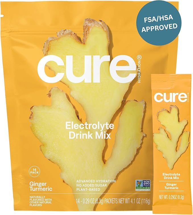 Cure Hydration Electrolyte Drink Mix – Plant-Based, No Added Sugar – Coconut Water Powder – 14 Packets