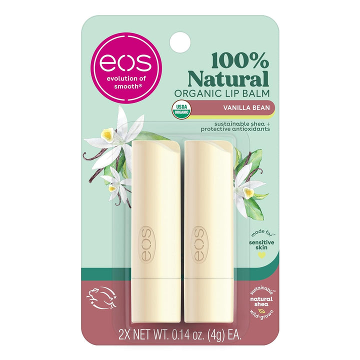eos 100% Natural & Organic Lip Balm Sticks – 2 Pack | Dermatologist Recommended | Long-Lasting Moisture | 0.14 oz