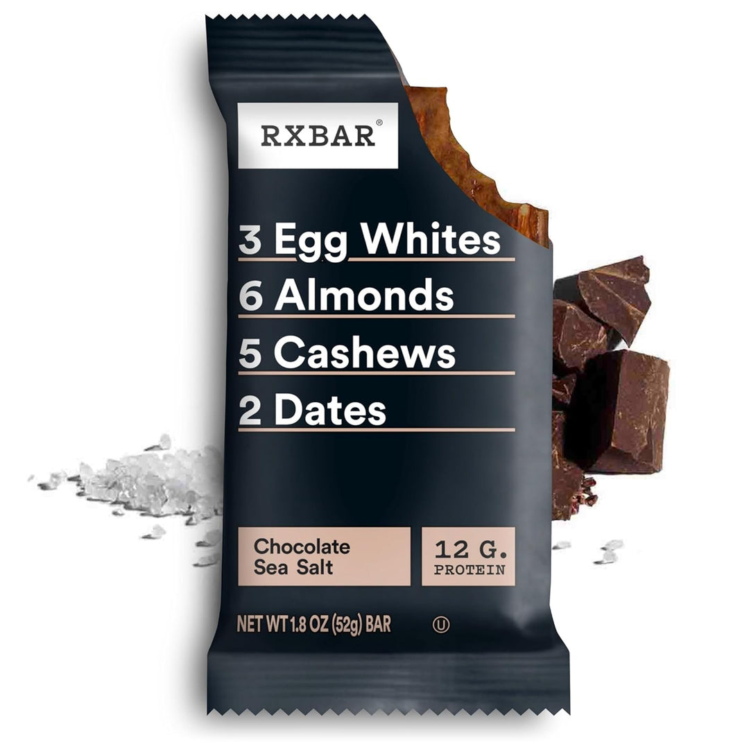 RXBAR chocolate sea salt protein bar packaging with ingredients listed on a white background