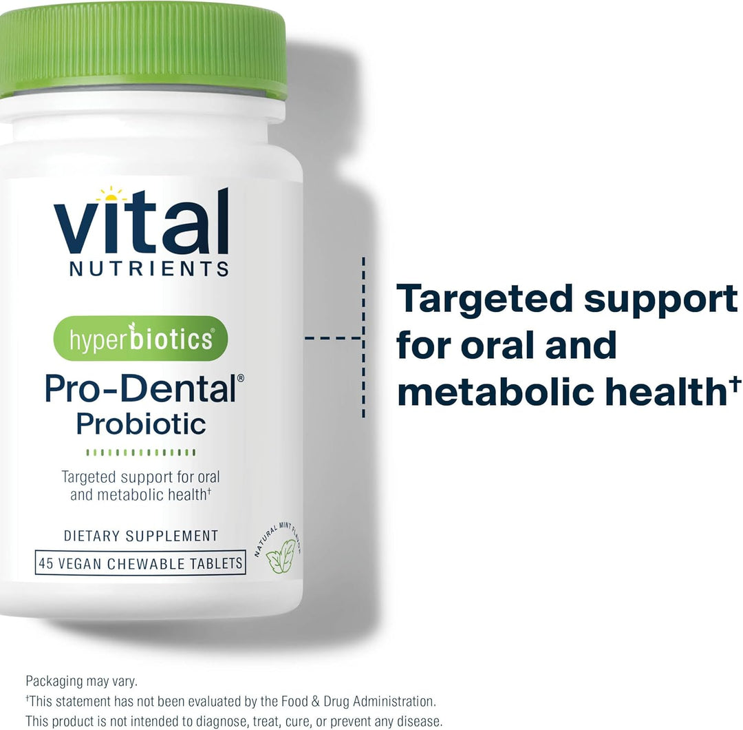 Vital Nutrients Pro-Dental Probiotic bottle with text on a white background