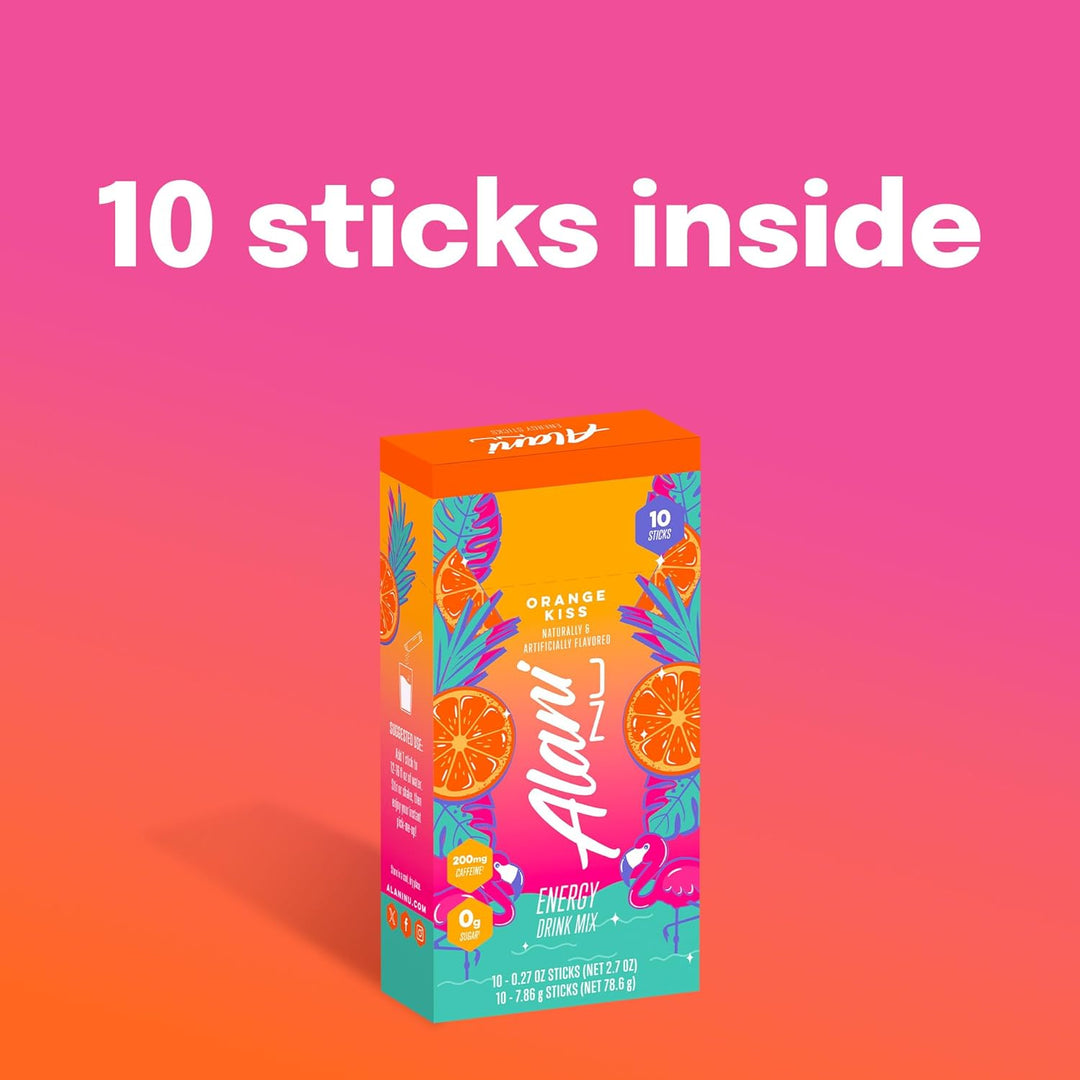 Alani Nu energy stick pack box with colorful design on a pink and orange gradient background