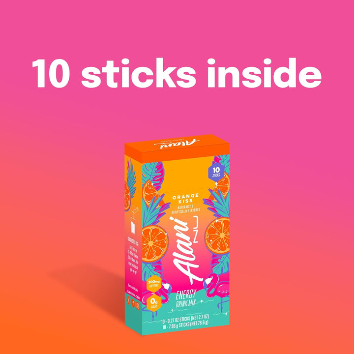 Alani Nu energy stick pack box with colorful design on a pink and orange gradient background