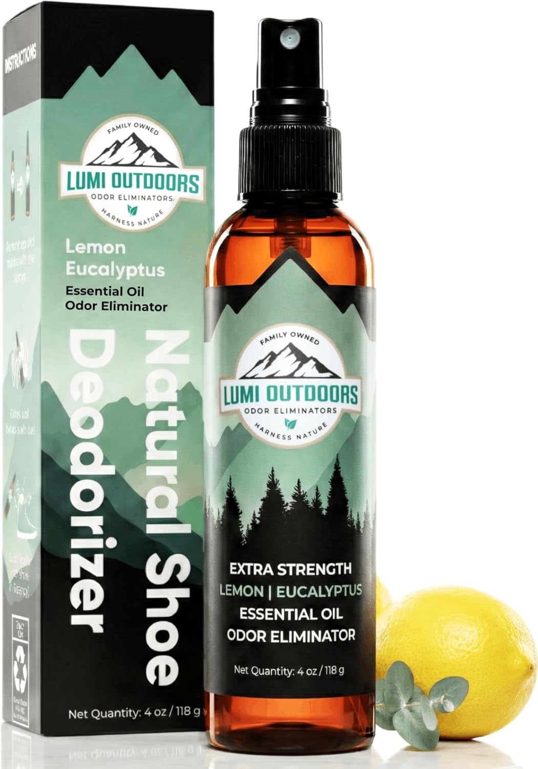 Lumi Outdoors shoe deodorizer bottle and packaging with a lemon and eucalyptus leaf on a white background.