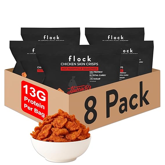 Flock Keto Chicken Skin Chips – Low Carb, High Protein, Gluten-Free, Sugar-Free Snack – 8 Pack (1oz Each)