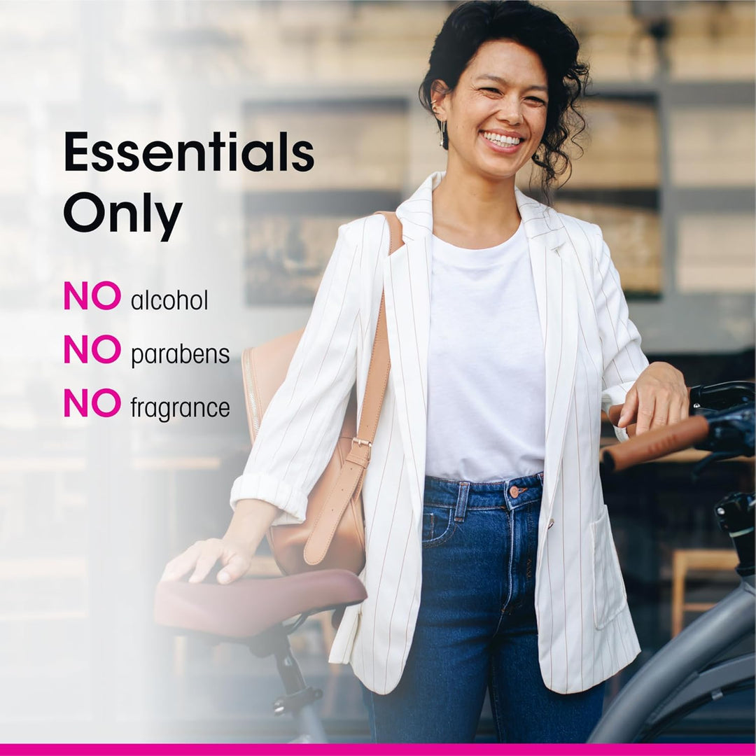 Woman standing outdoors with text about product ingredients