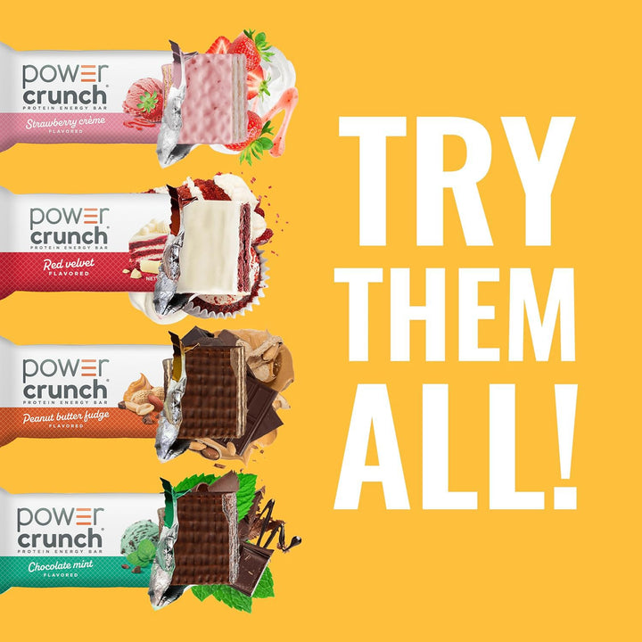 Power Crunch protein bar packaging with various flavors on a yellow background and 'Try Them All!' text.