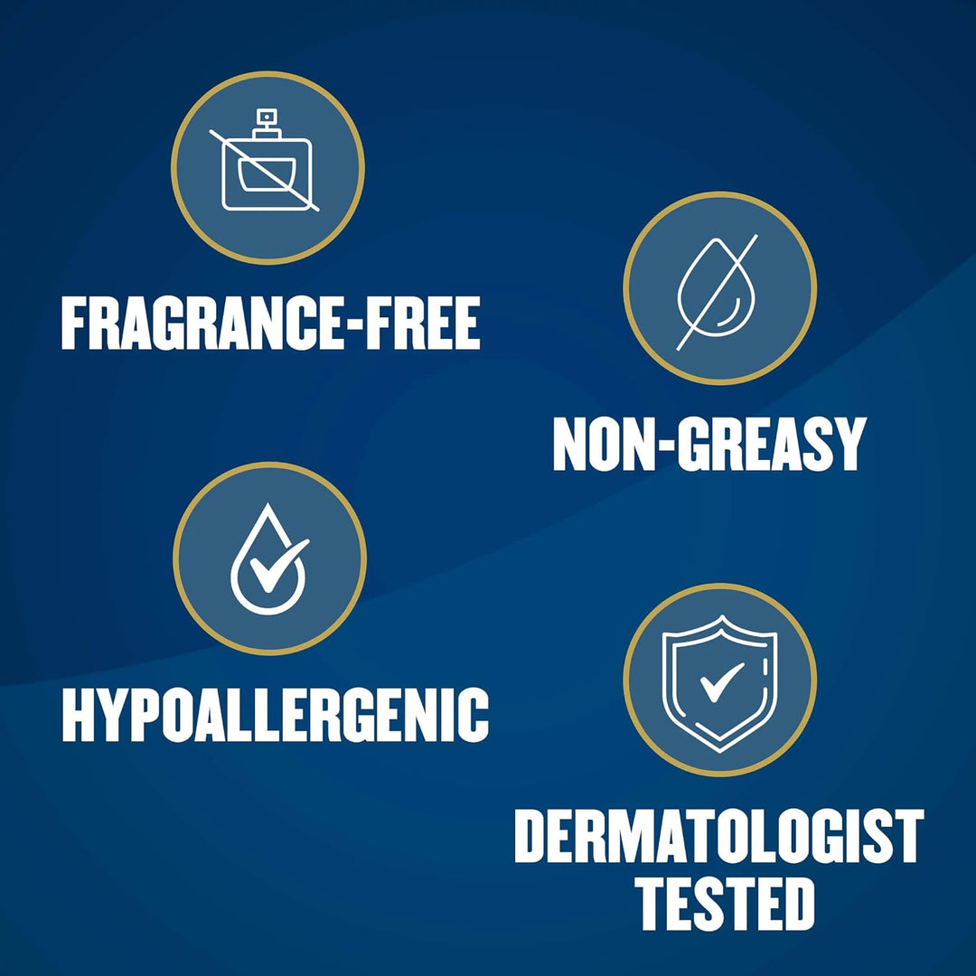 Set of icons and text on a blue background indicating product features like fragrance-free, non-greasy, hypoallergenic, and dermatologist tested.