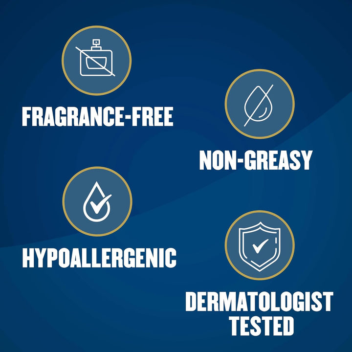 Set of icons and text on a blue background indicating product features like fragrance-free, non-greasy, hypoallergenic, and dermatologist tested.