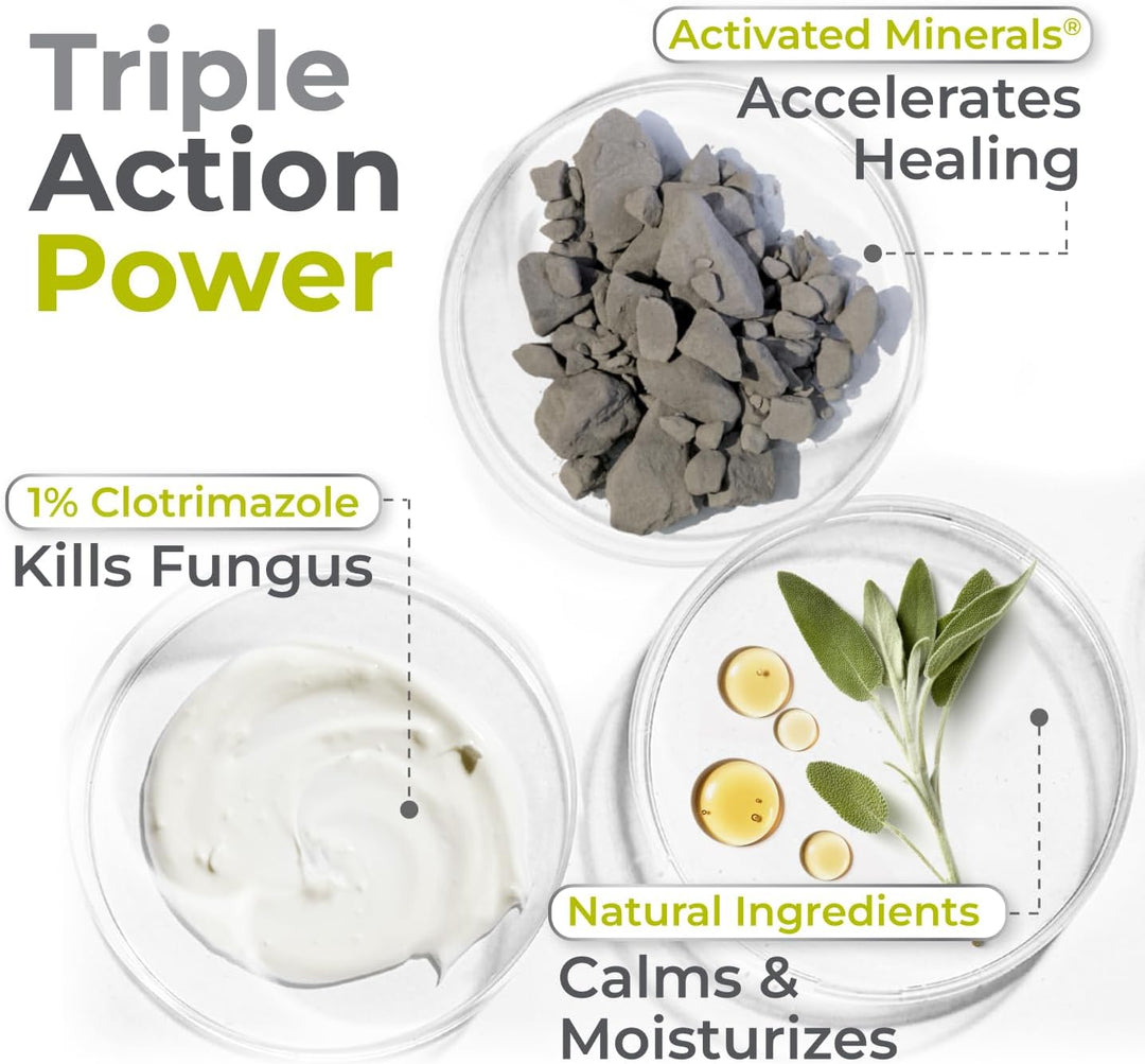 Product packaging with activated minerals, clotrimazole, and natural ingredients on a white background.