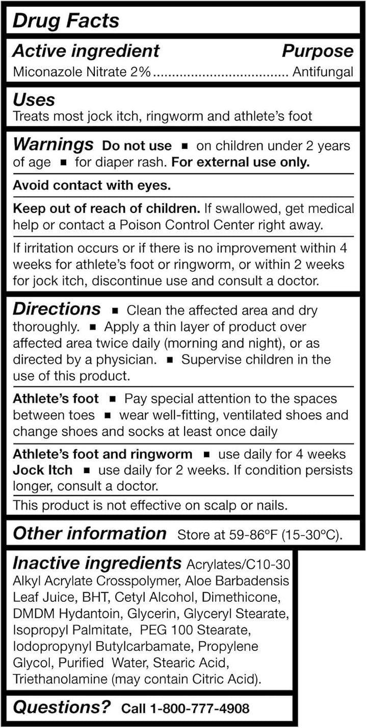 Drug facts label for an antifungal treatment with active ingredient Miconazole Nitrate.