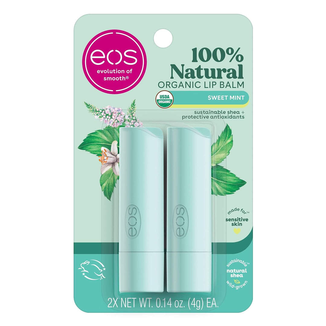 eos 100% Natural & Organic Lip Balm Sticks – 2 Pack | Dermatologist Recommended | Long-Lasting Moisture | 0.14 oz