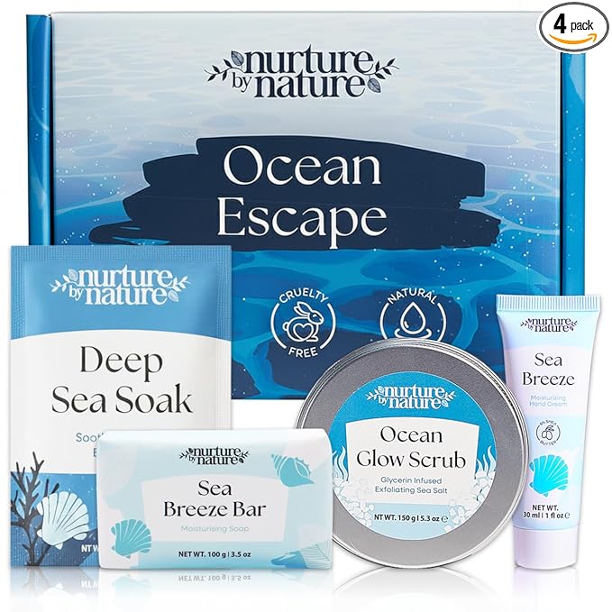 Nurture by Nature Ocean Escape Spa Gift Set for Women – 4-Piece Home Self-Care Kit with Body Scrub, Bath Salts, Soap & Hand Cream – Vegan, Paraben-Free, Cruelty-Free