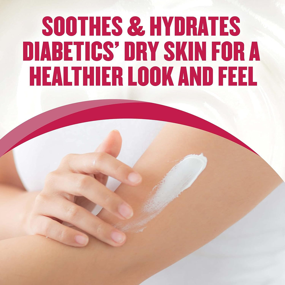 Product being applied to a person's arm with text about soothing and hydrating dry skin.