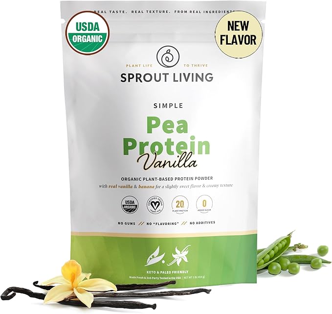 Sprout Living Organic Pea Protein Powder, Plant-Based Protein, Vegan, Non-GMO, Gluten-Free, Dairy-Free, No Artificial Sweeteners,