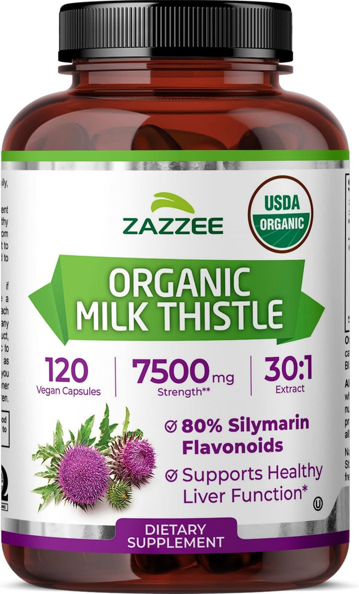 Zazzee Organic Milk Thistle 30:1 Extract - 80% Silymarin Liver Support (120 Vegan Caps)