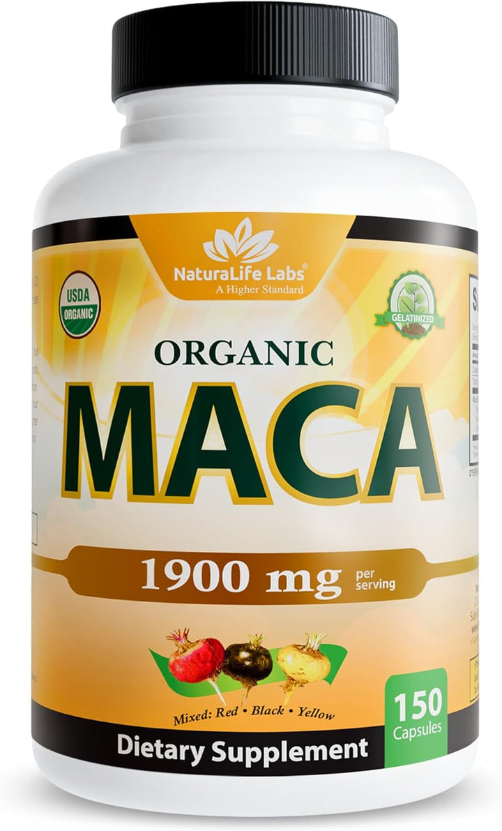 NaturaLife Labs Organic Maca Root 1900mg - Triple Blend Black, Red & Yellow (150 Capsules)