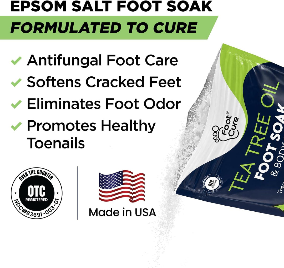 Epsom salt foot soak packaging and product benefits on a white background. A partial bag labeled 'Tea Tree Oil Foot Soak' appears on the right, with text listing antifungal foot care, softening cracked feet, eliminating foot odor, and promoting healthy toenails.