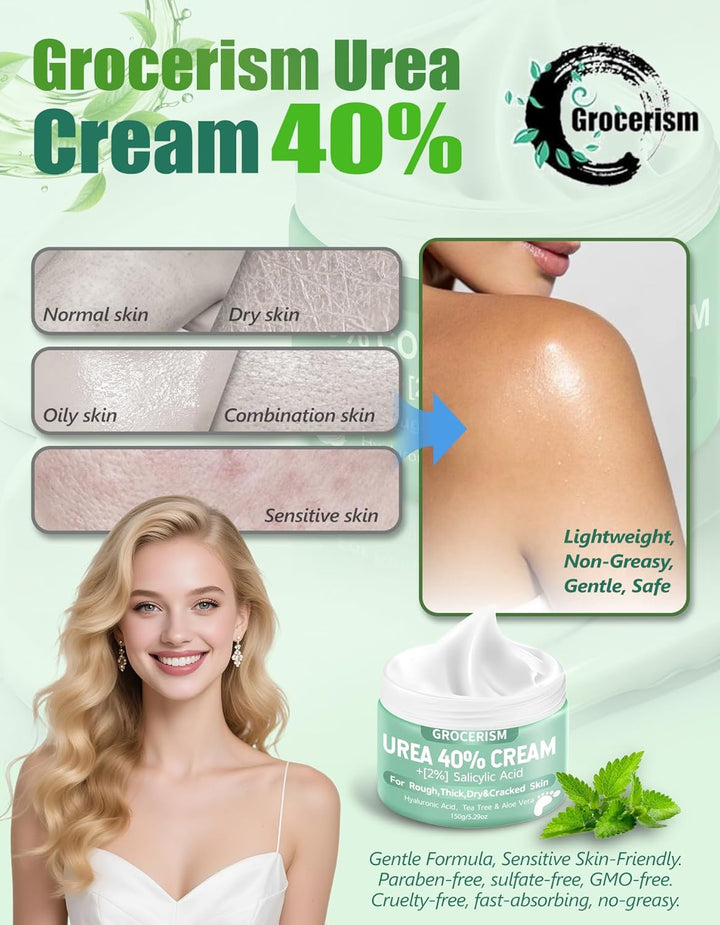 Advertisement for Grocerism Urea Cream 40% with product display and skin type suitability.