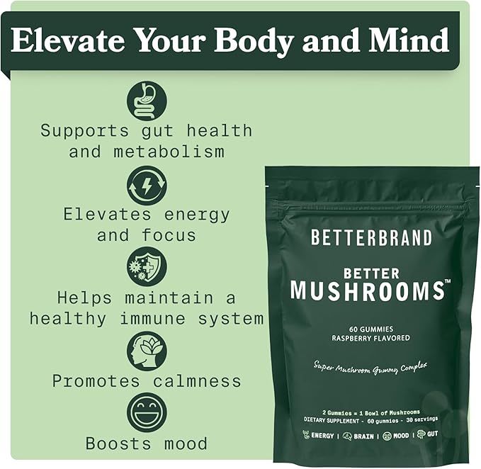 Betterbrand BetterMushrooms Mushroom Gummies to Support Gut Health, Metabolism, Energy, Focus - Lion's Mane, Cordyceps, Chaga & Maitake