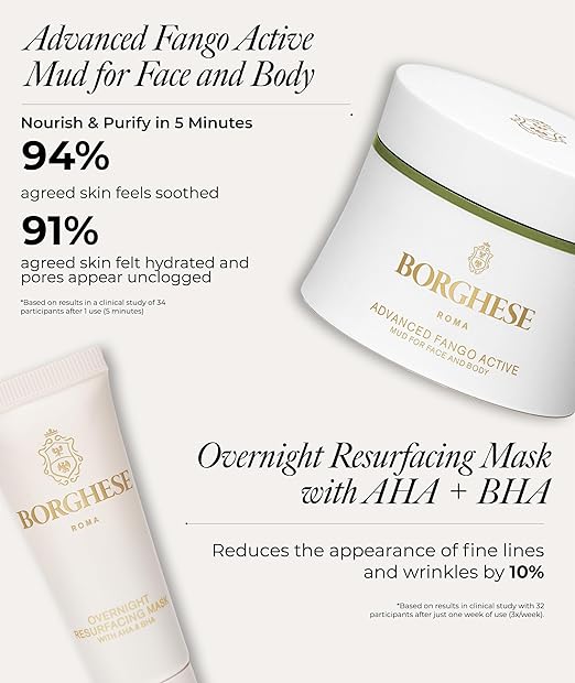 Borghese Skin Renewal Discovery Set - Includes Cream Cleanser, Pre-Mask Booster Serum, Mud Mask for Face & Body, Firming Mask & AHA BHA Overnight Mask