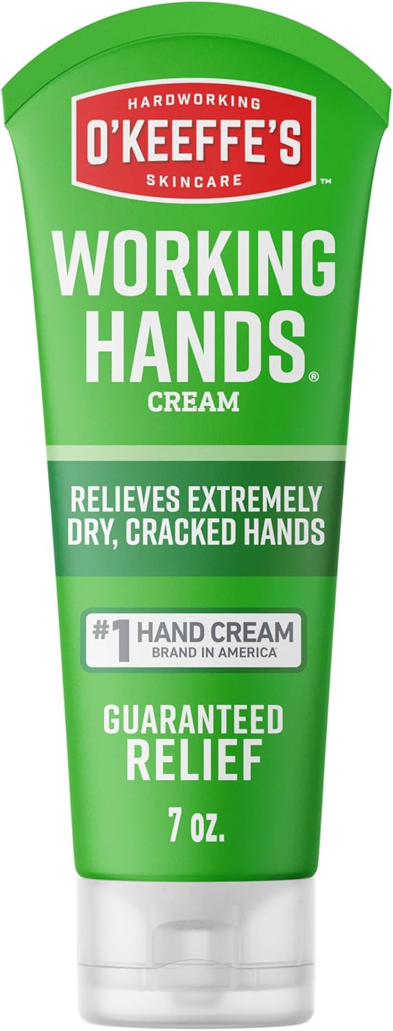 A 7 oz squeeze tube of O'Keeffe's Skincare Working Hands Cream, featuring a bright green body with white and red text, and a clear cap.