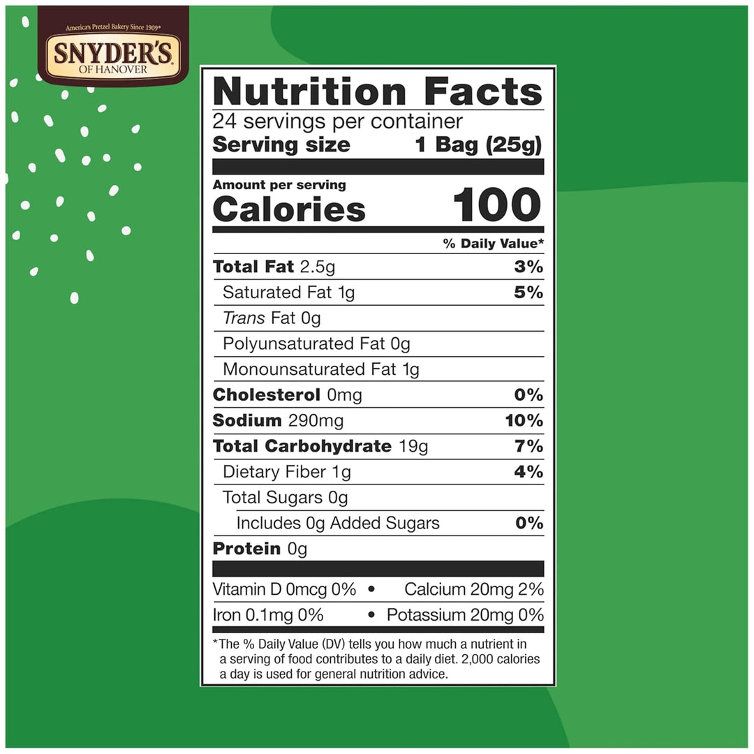 Nutrition facts label for Snyder's of Hanover on a green background