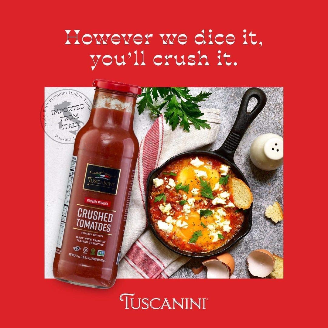 Tuscanini Crushed Tomatoes Passata Rustica, 24.7 oz (2 Pack) – Premium Italian, Vegan, No Artificial Ingredients, Glass Bottle
